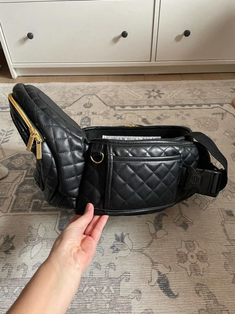 Tushbaby Quilted Black and Gold baby hip carrier